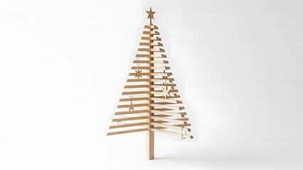 Minimalist wooden Christmas tree with star ornaments on a clean white background simple elegant and modern holiday decoration for contemporary festive design