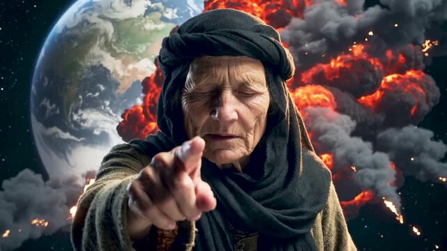 An old fortune-teller predicts the future. She points her finger forward, and in the background, the Earth explodes.