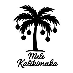 Naklejka premium Navidad en Hawái. Logo Feliz Navidad en hawaiano. Mensaje con texto Mele Kalikimaka con silueta de palmera con bolas de navidad colgantes 