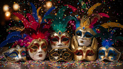 Vibrant venetian carnival masks adorned with colorful feathers and intricate gold details, surrounded by celebratory confetti, embodying festive masquerade events and cultural celebrations