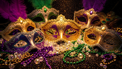 A mesmerizing close-up of an array of venetian carnival masks, adorned with sparkling gems and colorful beads, set against a backdrop of glitter and soft light for a festive ambiance