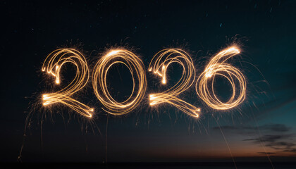 A dazzling display of light forms the number 2026, shimmering against a dark, star-dusted backdrop, evoking themes of celebration, anticipation, and future aspirations for a new beginning
