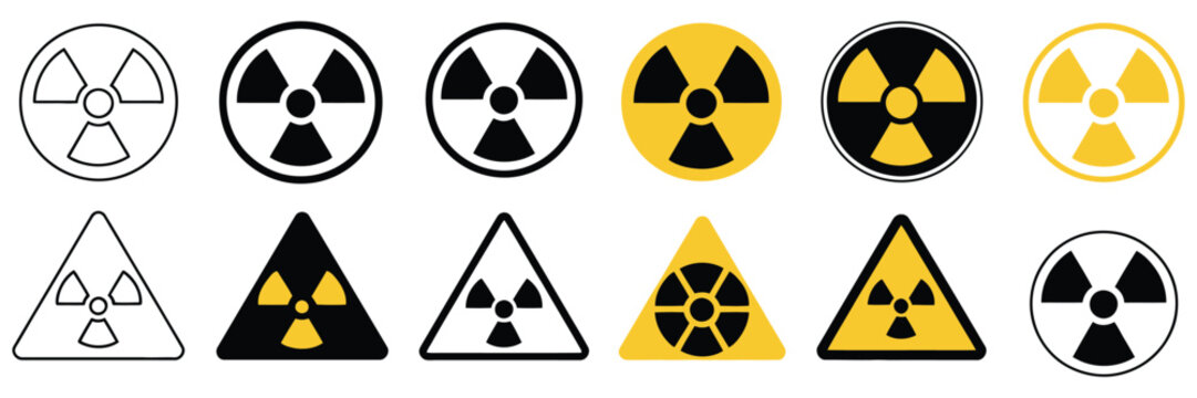 Radiation hazard symbol collection, nuclear danger signs, warning icons, caution graphics, radioactive symbols, line art style, solid fill style, safety icons, danger alerts, toxic material warnings,