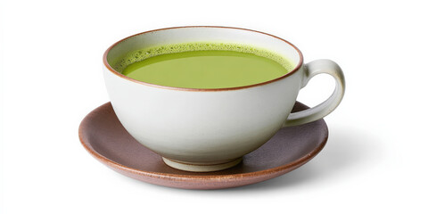 A stylish, minimalistic image of a matcha tea cup on a saucer, showcasing vibrant green tea in a handcrafted ceramic set.
