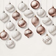 Premium holiday background with geometric ornament shapes, rose gold Christmas balls, and hanging festive elements, perfect for seasonal campaigns and gift wrap mockups.