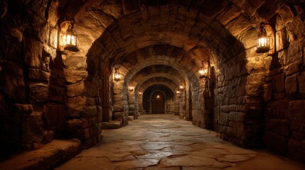 Fototapeta premium A person walks through a long stone hallway. Lanterns hang on the walls casting warm light on the rough stone. The air feels cool and the atmosphere is quiet.