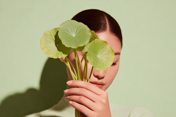 A close-up photograph of a woman holding vibrant green leaves against a soft pastel background, conveying tranquility and natural beauty.
