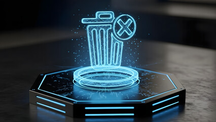 A glowing blue holographic trash can icon with a red X symbol floats above a sleek