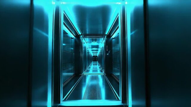Futuristic elevator shaft descending into a glowing infinite tunnel