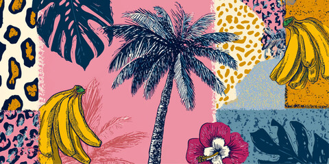 Vibrant tropical collage featuring palm trees bananas exotic flowers and leopard print patterns © DARK TRUST