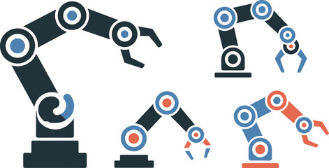 Industrial robotic arm icons set, automation machinery illustration, factory robot manipulators in multiple mechanical engineering variations
