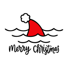 Logo nautical. Dibujo de aleta de tiburón como sombrero de Santa Claus con olas con texto Merry Christmas para tarjetas y felicitaciones de Navidad  © teracreonte