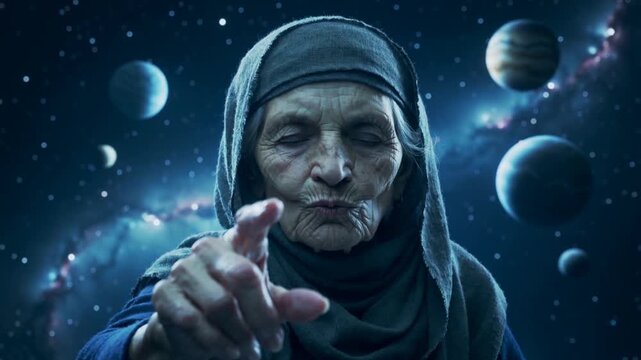 The old soothsayer predicts the future. She points her finger forward. Behind her are space and planets.