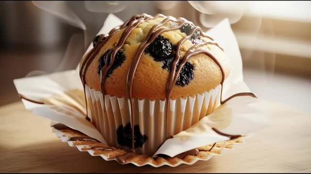 Delicious muffin with chocolate drizzle and blueberries on a wooden surface