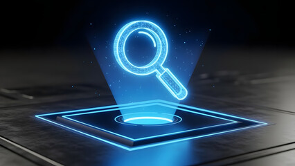 A detailed blue glowing magnifying glass hologram projecting from a futuristic dark platform, representing search, investigation, discovery, analysis, focus, solution, and data exploration technology