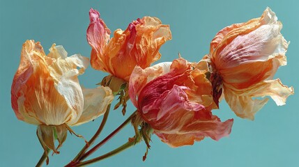 Close-up of dry, textured orange and pink roses on a vibrant teal.
