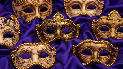 Collection of ornate golden and white Venetian masquerade masks arranged on luxurious purple satin fabric, perfect for carnival and festive themes