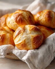 Delicious freshly baked round bread rolls piled up in a basket