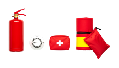 Essential safety and emergency equipment including a fire extinguisher, smoke alarm, first aid kit, and survival blanket, ready for any unforeseen situation.