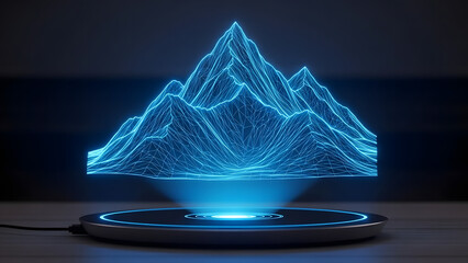 A glowing blue wireframe mountain range is projected onto a circular black and silver technological