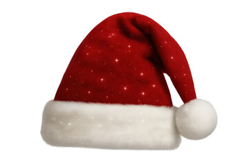 Santa hat with shiny particles, red and white christmas cap, festive holiday accessory, transparent background, clipping path