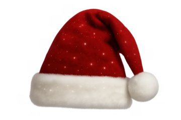 Santa hat with shiny particles, red and white christmas cap, festive holiday accessory, transparent background, clipping path