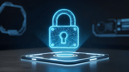 A luminous holographic padlock icon symbolizing digital security and data protection emerges from a glowing square platform on a dark tech-inspired background with abstract elements