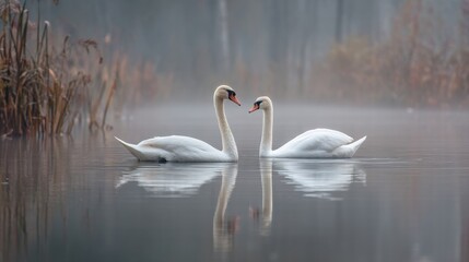 Two swans glide across a lake in the early morning. The water reflects their shapes as fog surrounds them. Tall grass grows along the lake's edge.