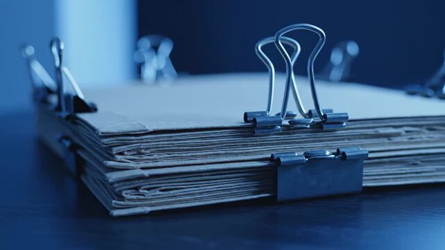 Blue-toned office desk with a stack of papers held by metal binder clips, bathed in cool light. Warm