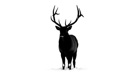 A large black deer with antlers standing isolated on in the snow