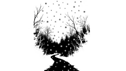 Black silhouette of a winding road through a snowy forest with bare trees and snowfall isolated on