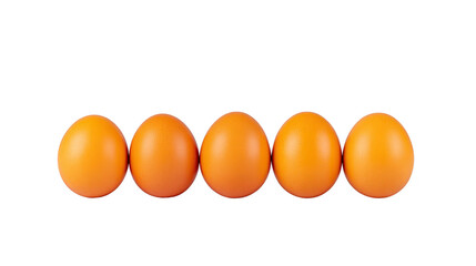Five brown eggs arranged in straight line on transparency background, showcasing natural texture and simplicity, perfect for food concepts or healthy eating themes