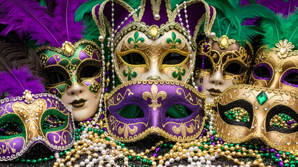 Close-up of vibrant mardi gras masks with feathers and beads symbolizing traditional carnival festival celebration in new orleans festive background