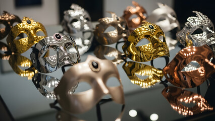 A close-up shot of a collection of ornate and reflective masquerade masks displayed on a glass table in varying shades of gold, silver, and bronze creating an elegant and mysterious ambiance