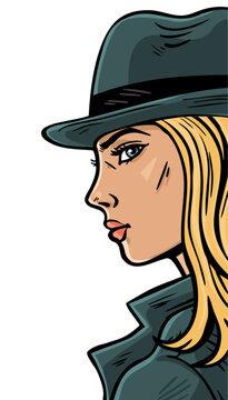 Female secret agent detective in hat, comic style portrait illustration