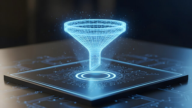 A dynamic holographic funnel appears as a glowing blue wireframe projection on a sleek, futuristic dark platform with intricate circuit patterns and vibrant neon blue lighting