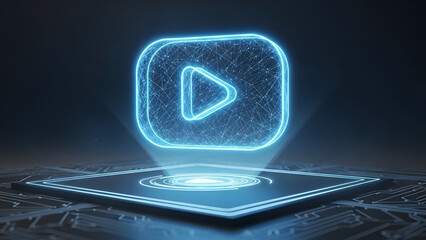 A glowing blue wireframe play button icon is rendered as a hologram above a sleek, dark technological platform, featuring intricate circuit board designs and illuminated neon elements