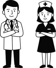 Friendly Medical Team Portrait: Black and White Cartoon of Smiling Doctor and Nurse Standing with Crossed Arms, Professional Healthcare Staff Vector Illustration.