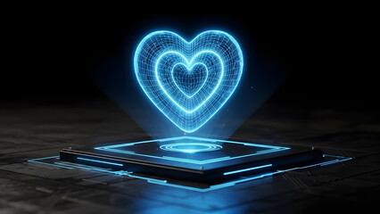 A glowing blue wireframe heart symbol is rendered as a hologram above a sleek, dark technological platform, featuring intricate circuit board designs and illuminated neon elements