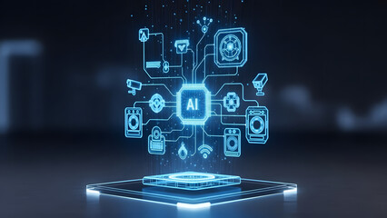 Artificial intelligence digital brain connects with smart home devices and iot network, glowing blue hologram concept of future technology and automation