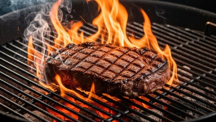 Sizzling steak cooking over intense open flames on a hot barbecue grill for a perfect char