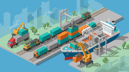 Obraz premium Industrial port scene featuring containers, cranes, ships, and trucks at a busy harbor terminal.
