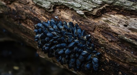 A tight cluster of small, dark blue mussels firmly gripping the rough, decaying bark of a large, waterlogged fallen tree, cluster, environment, brown