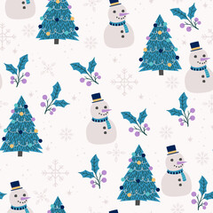 Seamless Christmas Holiday Vector Pattern with Christmas Tree, Snowflakes, Snowman. Seasonal design
