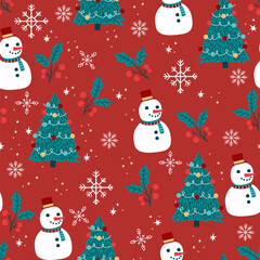 Seamless Christmas Holiday Vector Pattern with Christmas Tree, Snowflakes, Snowman. Seasonal design