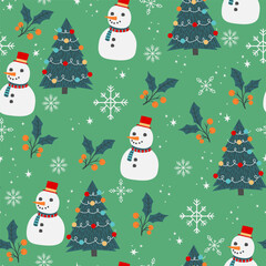 Seamless Christmas Holiday Vector Pattern with Christmas Tree, Snowflakes, Snowman. Seasonal design