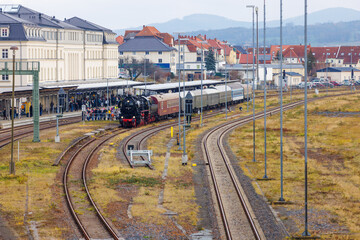old steam train 528141-5 Dampflok in Bautzen train station railway station in saxony germany