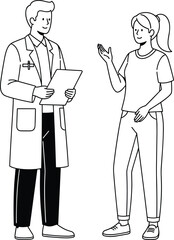 Black and white line art vector illustration portrait of a professional male doctor with a stethoscope and a female nurse, healthcare occupation team icon set on a white background.