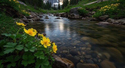 Fototapeta premium Delicate yellow flowers bloom beside a fast-flowing, clear mountain stream, reflecting the pristine wilderness environment and natural beauty, creek, organic, flowing