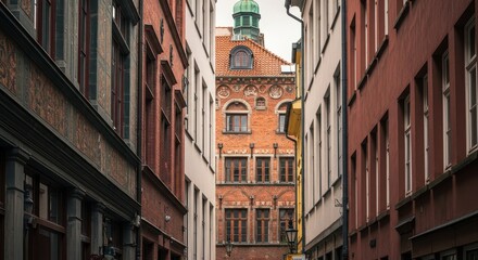 Obraz premium Intricate historic facades line a narrow urban street. Classical Northern European architectural styles blend with modern structural elements seamlessly, brick, stone, Scandinavian
